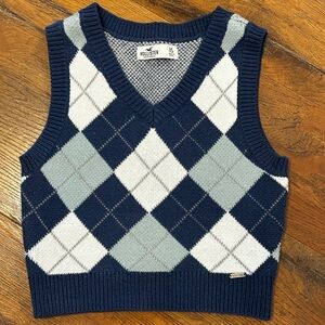 Hollister Women’s XS Cropped Argyle Sweater Vest Navy Blue White Gray V Neck